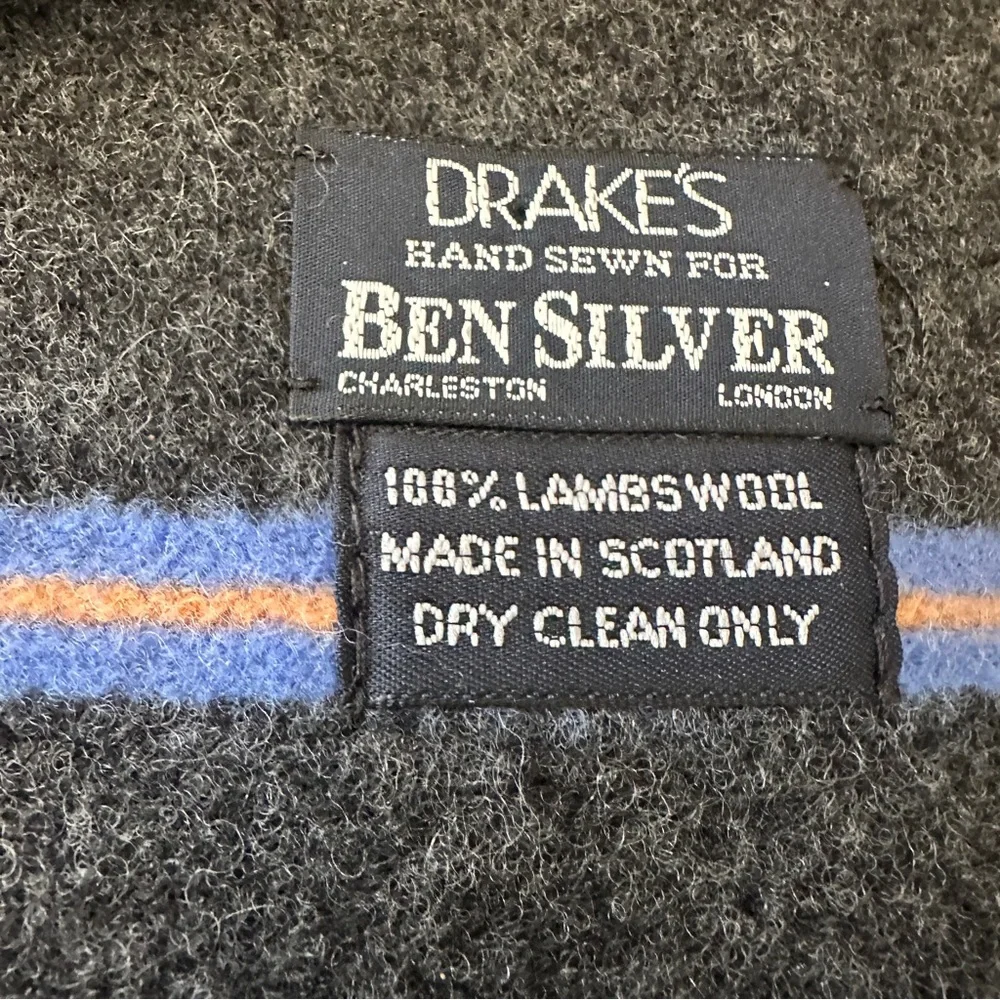 Drake’s Ben Silver Scarf Hat Glove Set Lambs Wool Dark Gray Blue Stripe